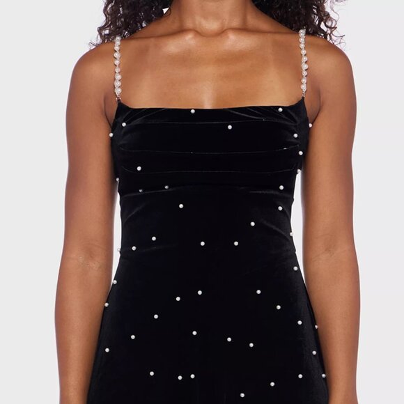 B Darlin Juniors' Faux Pearl Velvet Fit & Flare Dress Black/White/Pearl Size XS - Picture 4 of 5